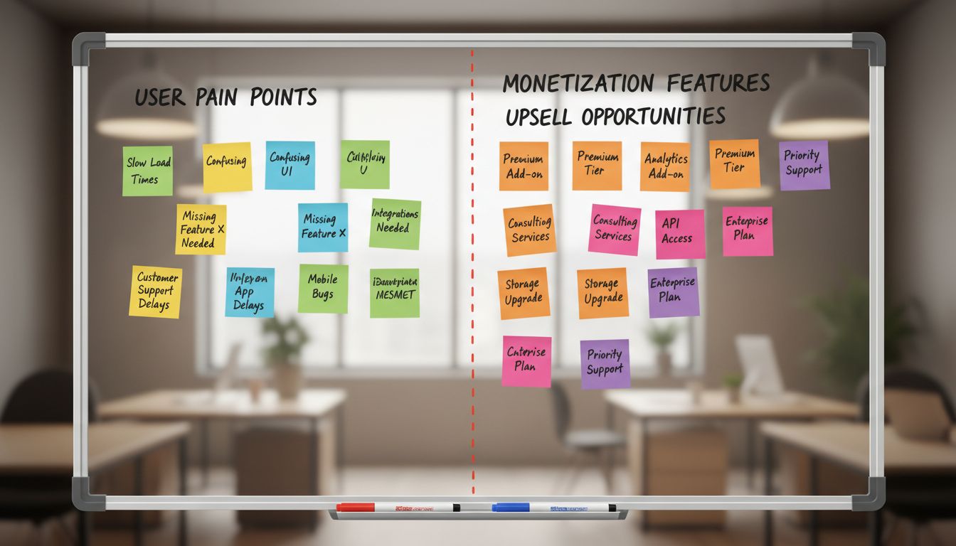 Product roadmap whiteboard showing user value features versus monetization-driven features