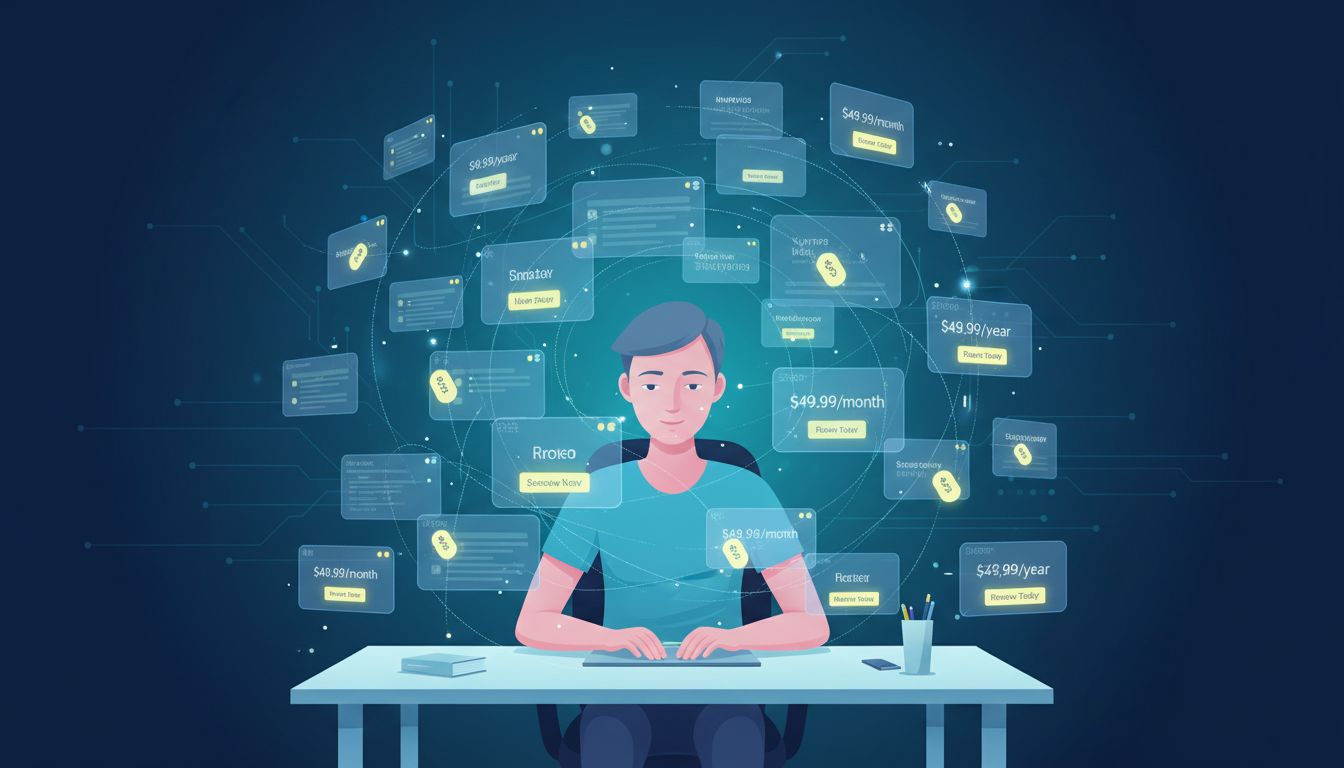 Person surrounded by software update notifications and subscription pricing bubbles