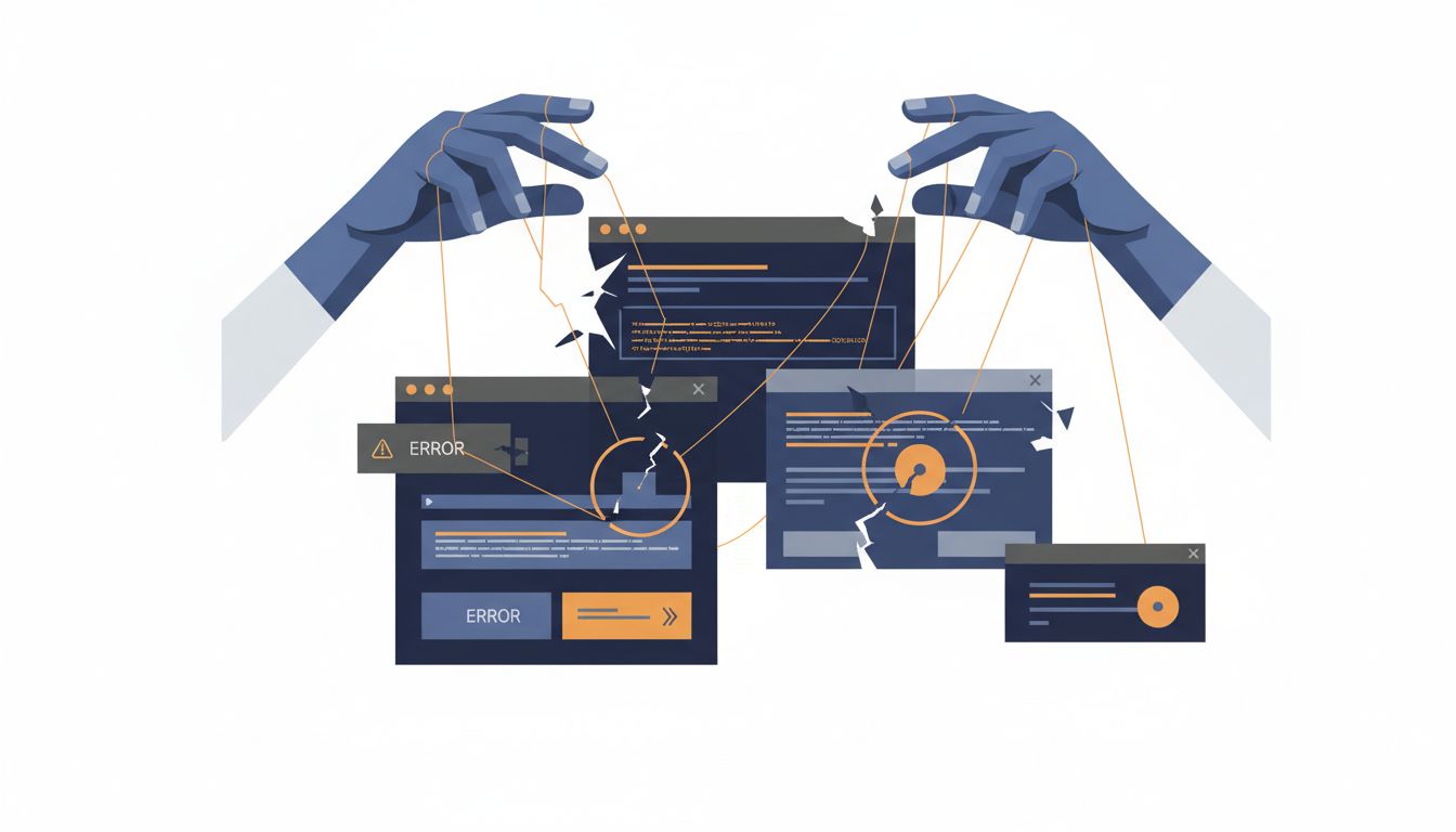 A software interface with deliberate glitches controlled by unseen hands, illustrating engineered brokenness in tech products