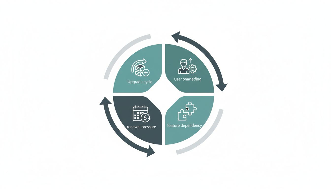 Diagram of the subscription software revenue flywheel showing how dependency and renewal cycles reinforce each other