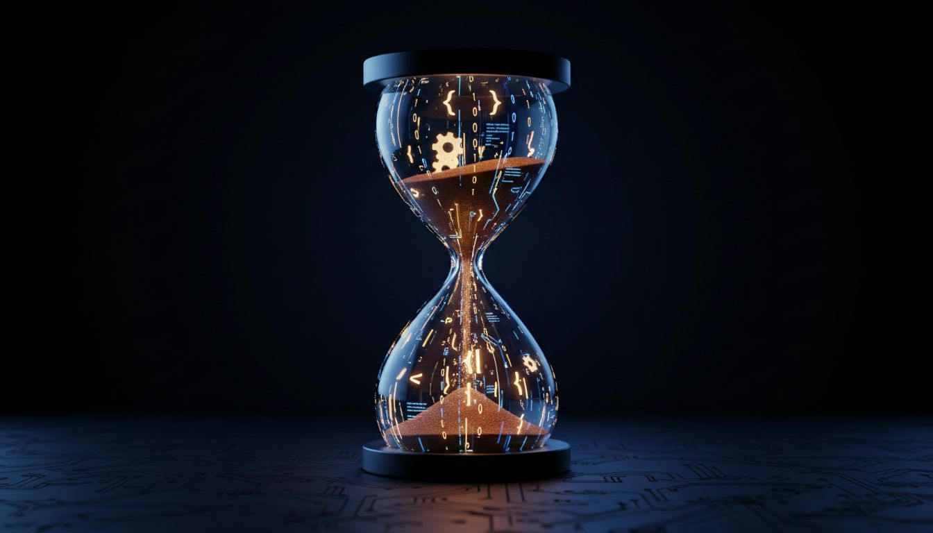 Glowing digital hourglass with code falling through it symbolizing software expiration and planned obsolescence