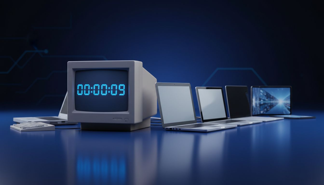 A lineup of computers from old to new representing the planned obsolescence cycle in software