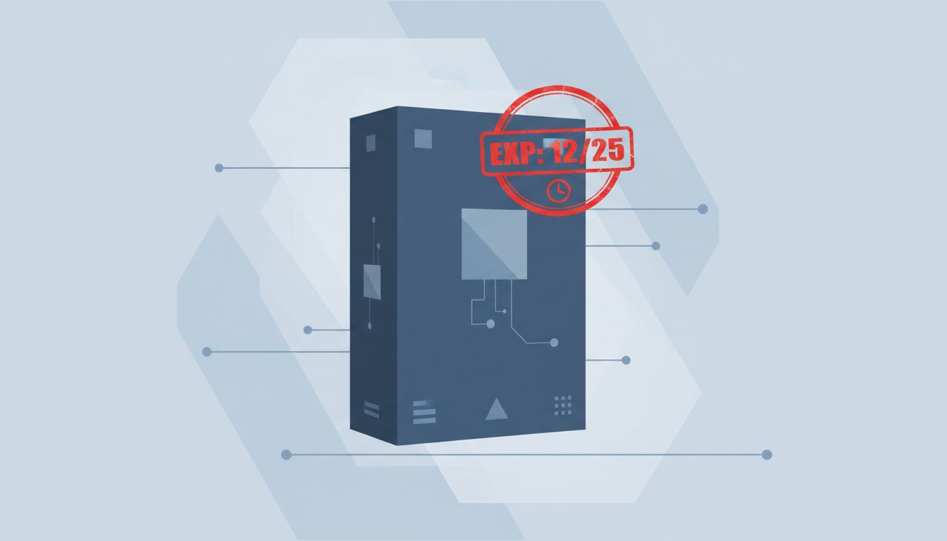 A sleek software product box stamped with a bold red expiration date