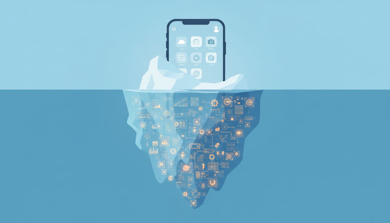 Iceberg diagram showing a simple app surface above water with a vast array of hidden features submerged below