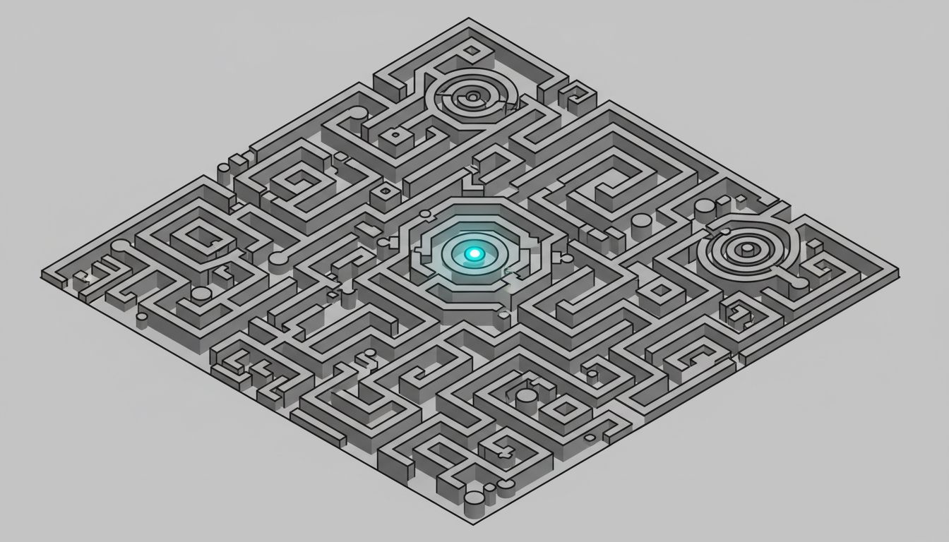 Maze-like diagram representing the complexity of navigating nested settings menus to find a useful feature