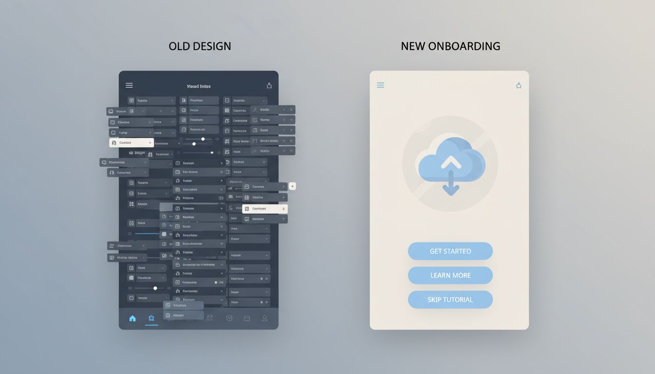 Split-screen comparison of a cluttered app interface versus a clean progressive disclosure onboarding screen