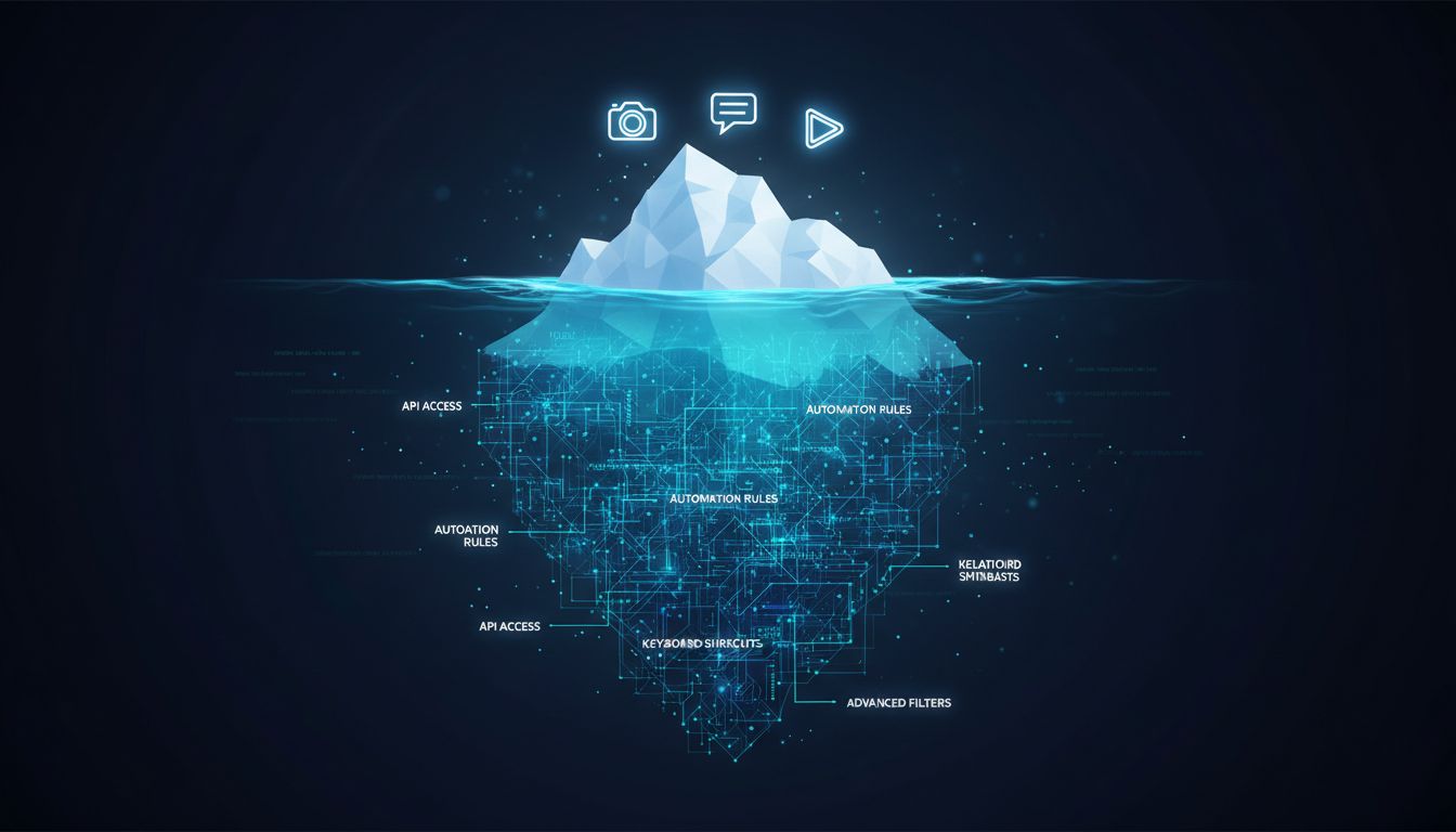Iceberg diagram showing visible basic app features above water and hidden advanced features below