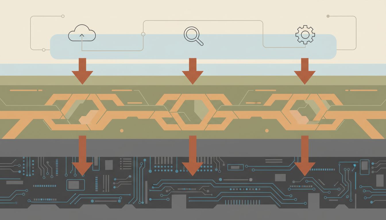 Three-tier diagram showing the layered complexity hidden beneath a simple software interface