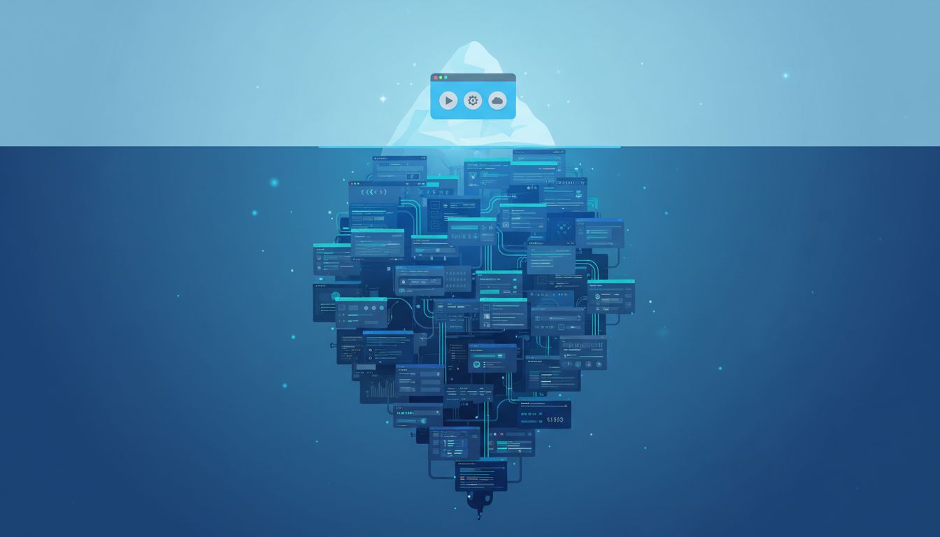 Iceberg illustration where the visible tip is a simple software interface and the hidden mass below represents its full feature set