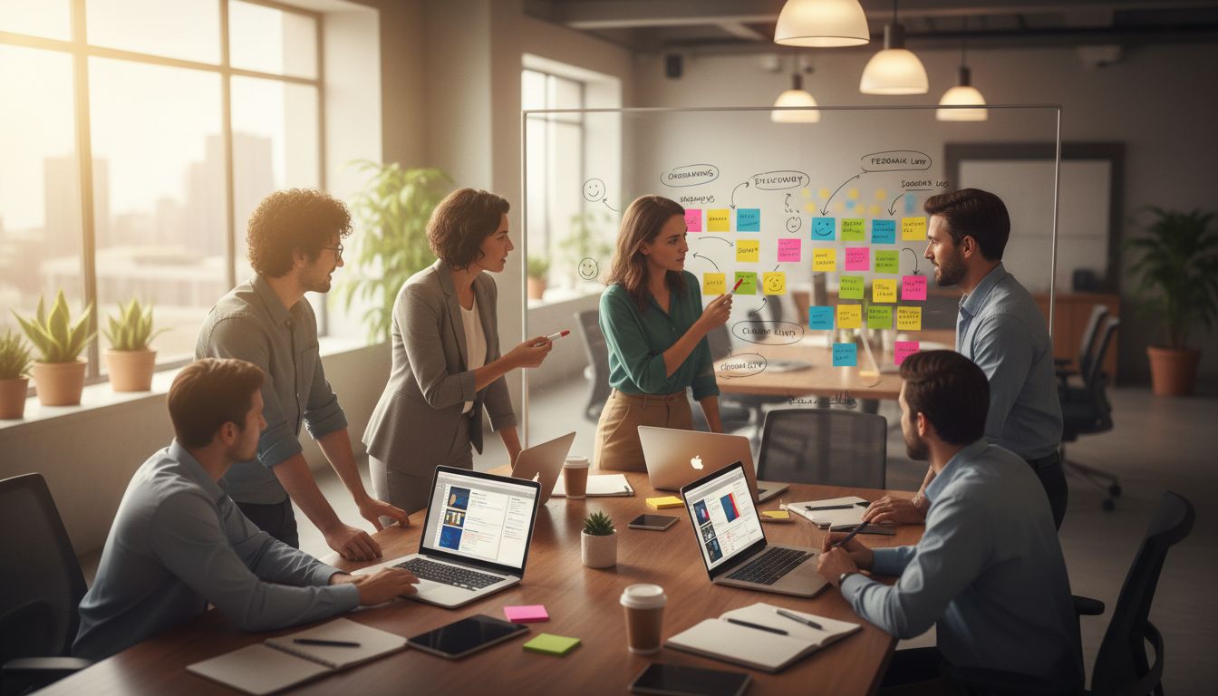 Product team around a whiteboard with sticky notes and user journey diagrams