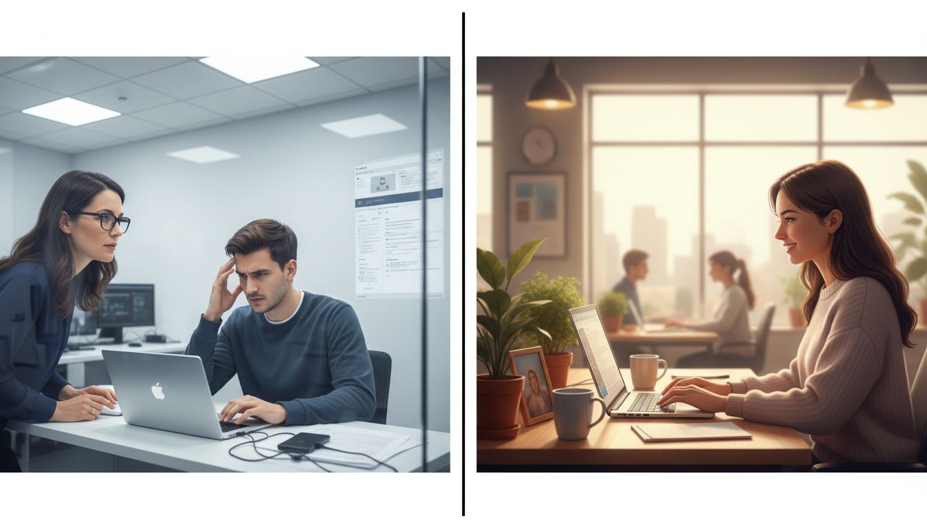 Split image contrasting a UX researcher observing users versus an employee naturally using the same product