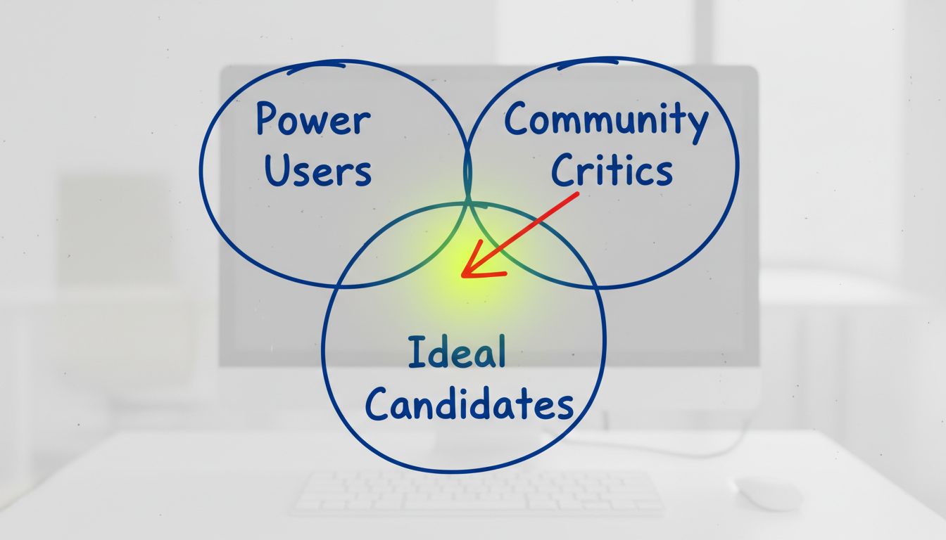 Whiteboard Venn diagram showing the overlap between power users, community critics, and ideal job candidates