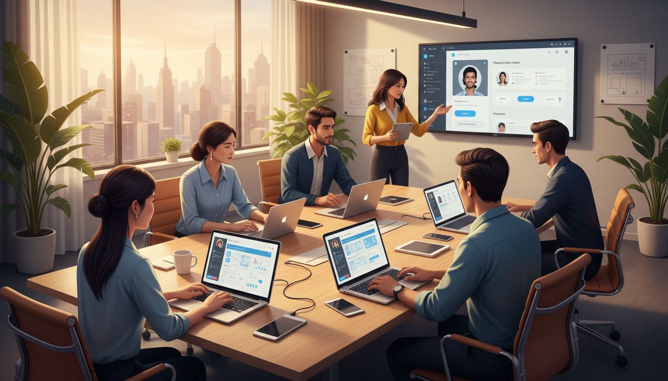 A product team collaborating around a table with laptops and UI displays in a modern tech office