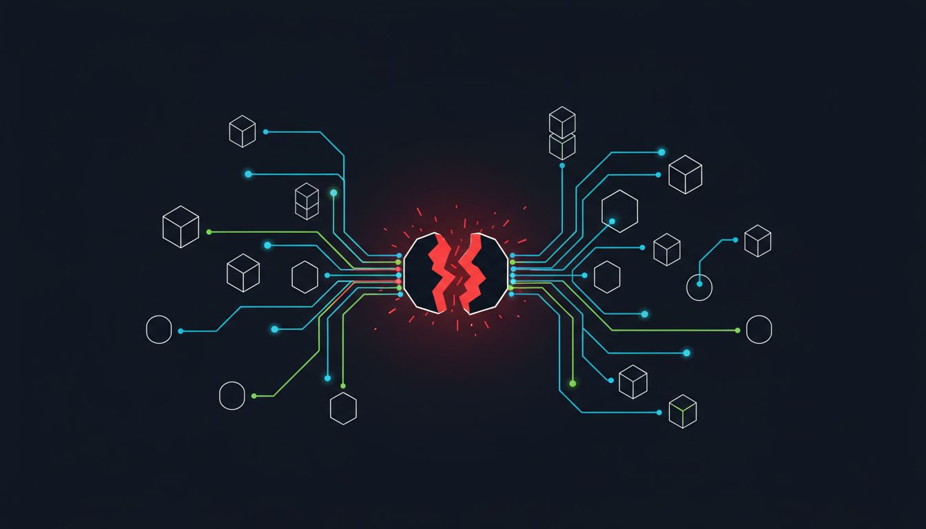 Diagram of interconnected software nodes with one deliberately severed connection highlighted in red