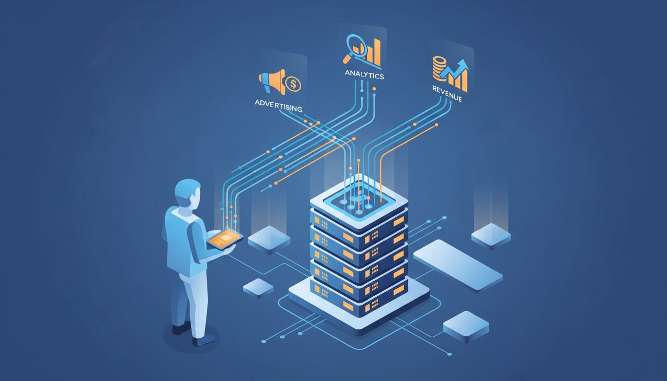 Isometric illustration showing data flowing from a consumer device to corporate servers and then to revenue streams