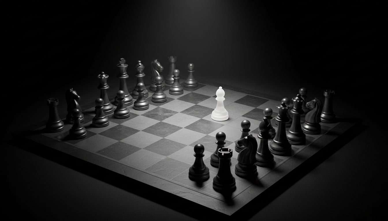 Chess board viewed from above showing one side with far more pieces, representing market position bought through strategic capital deployment