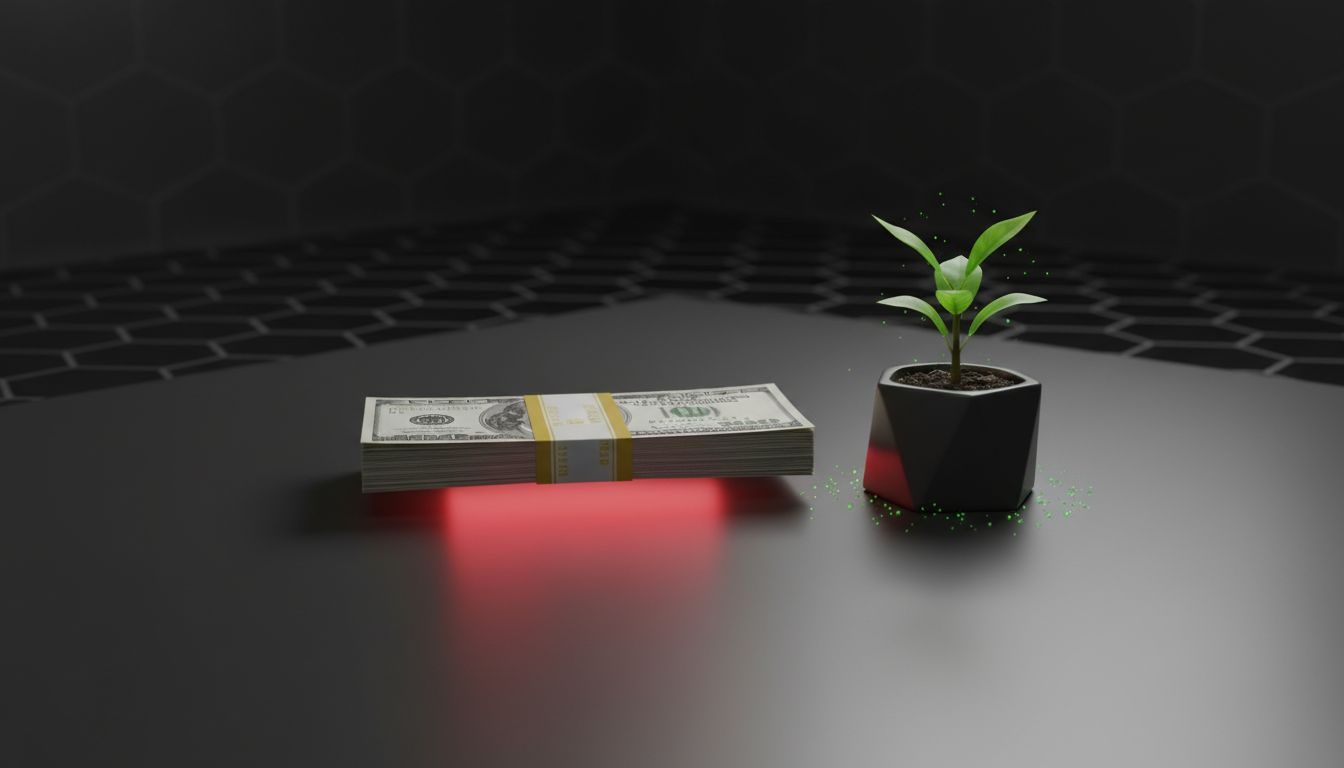 Dollar bills with a red glow next to a growing plant, symbolizing deliberate financial loss leading to future growth