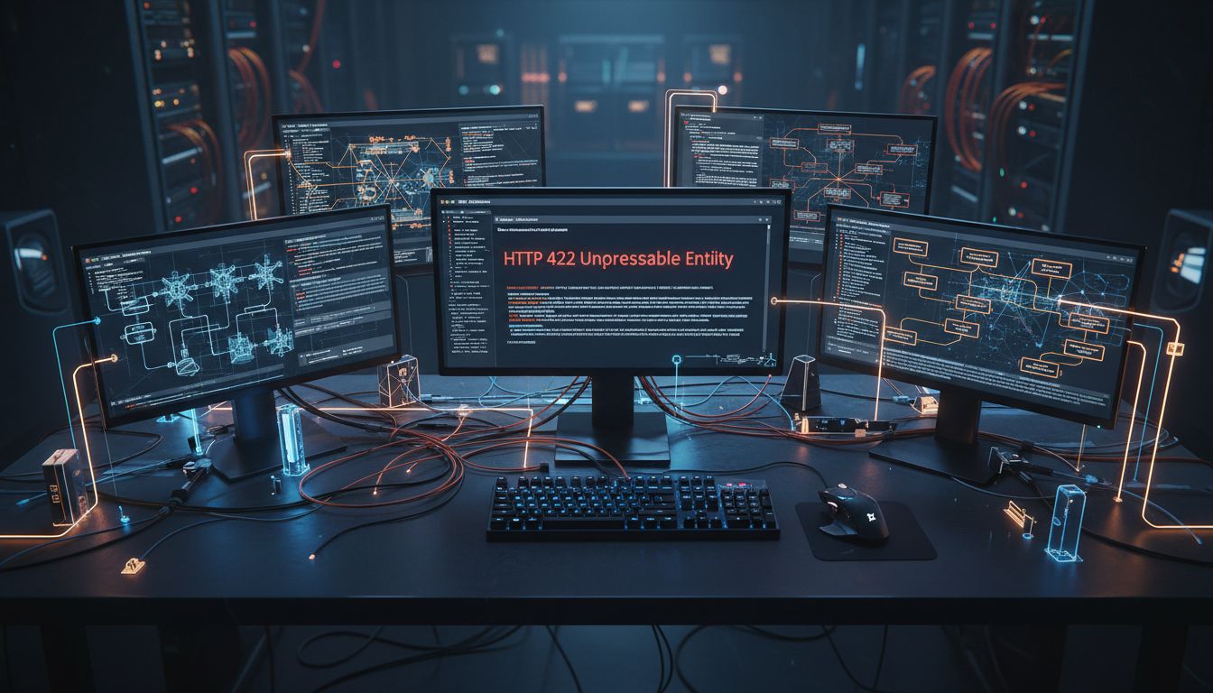 Developer desk surrounded by complex API documentation and error messages on multiple screens