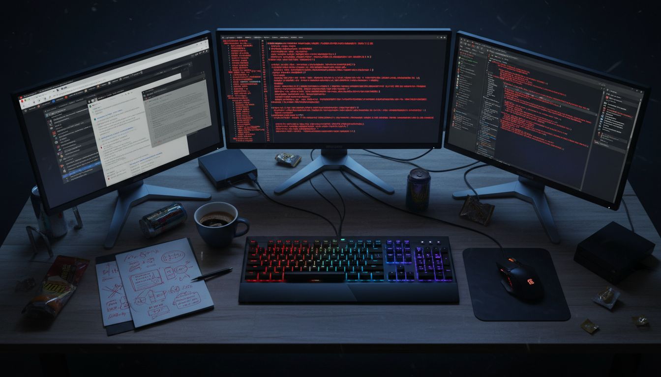 Developer surrounded by error messages and outdated API documentation late at night