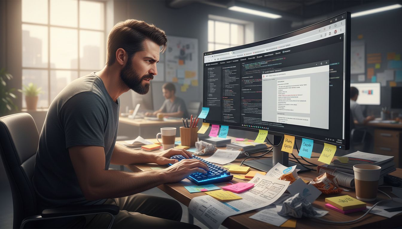 Developer working through complex API documentation with sticky notes and multiple browser tabs