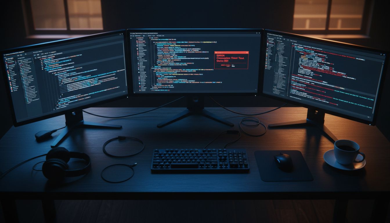 Developer working late studying API documentation across multiple monitors