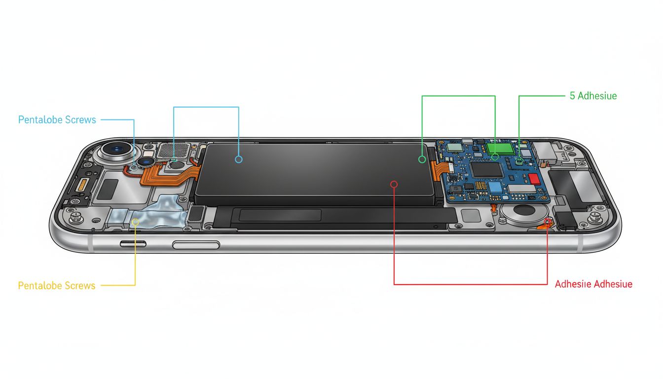 Cross-section diagram of a smartphone showing adhesive battery, proprietary screws, and non-modular components
