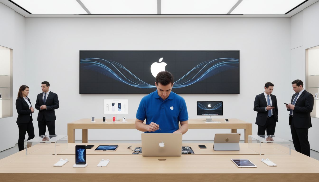 Apple Genius Bar technician working on a laptop in an Apple Store
