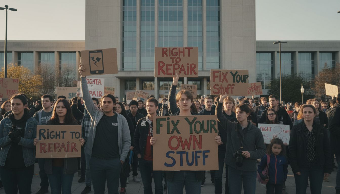 Right to repair protesters holding signs outside a government building