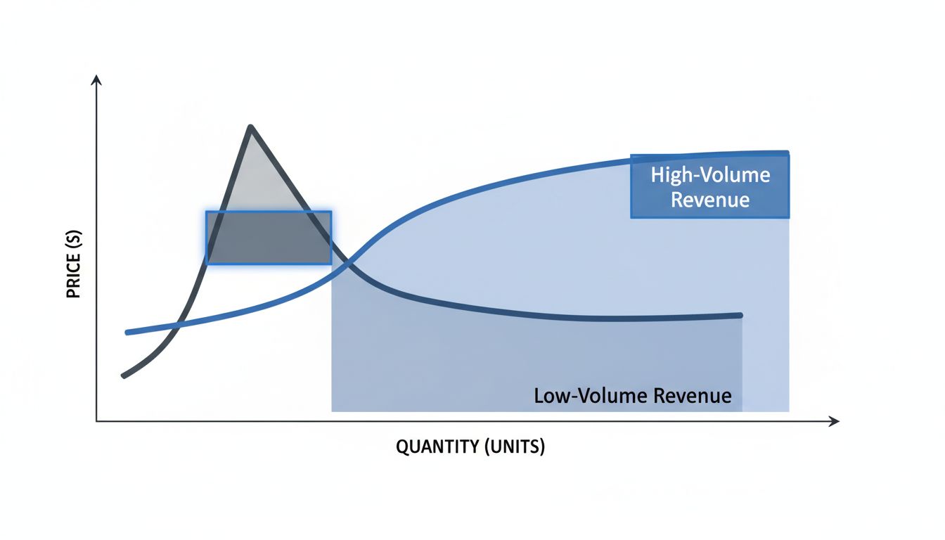 A graph comparing revenue outcomes between high-volume low-price and low-volume high-price digital product strategies