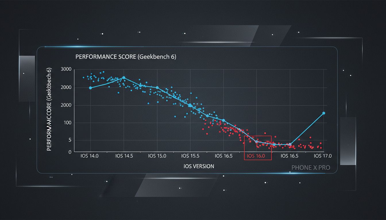 Benchmark performance graph showing iPhone performance scores dropping after a major iOS update release
