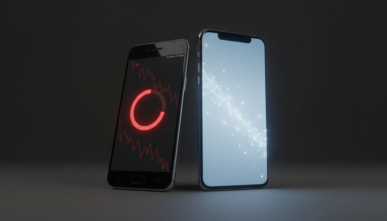 An old smartphone displaying a loading spinner next to a newer, brighter model, representing deliberate hardware slowdown before product launches
