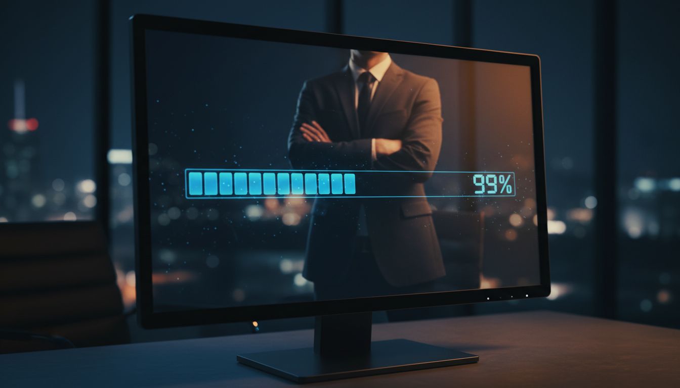 A loading progress bar stuck at 99 percent on a dark screen, symbolizing deliberate software throttling