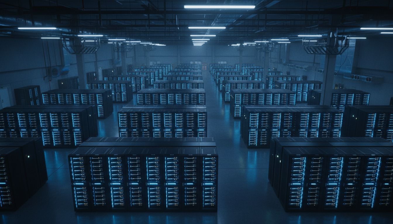 Rows of server racks in a data center with varying levels of activity, some dimmed to show deliberate throttling during peak hours