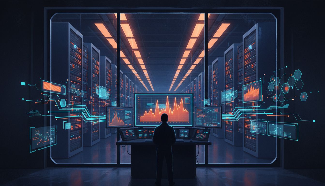 Engineer monitoring server traffic spikes in a large data center at peak hours