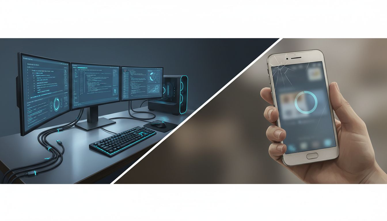 Split image showing a developer's fast workstation setup versus a user's slow smartphone experience during web browsing