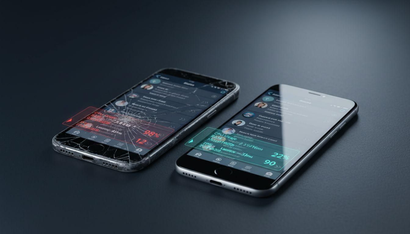 An older worn smartphone next to a new device displaying performance comparison metrics