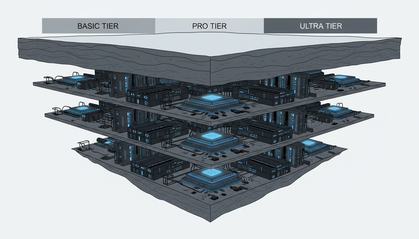 Iceberg cross-section showing identical hardware beneath different pricing tiers