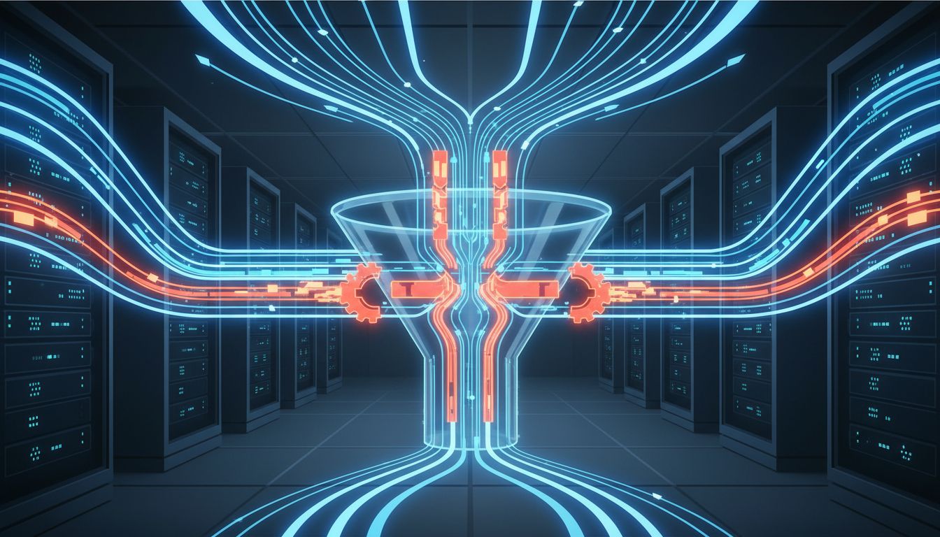 Abstract illustration of data traffic lanes being selectively throttled through a funnel-like infrastructure