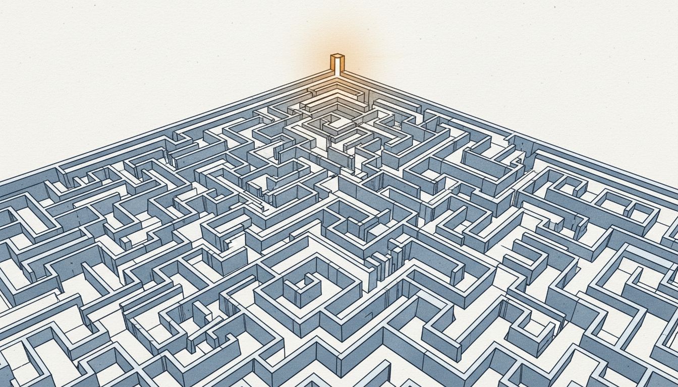 A maze viewed from above where all paths converge toward one highlighted exit, representing how pricing architectures funnel users toward a predetermined choice