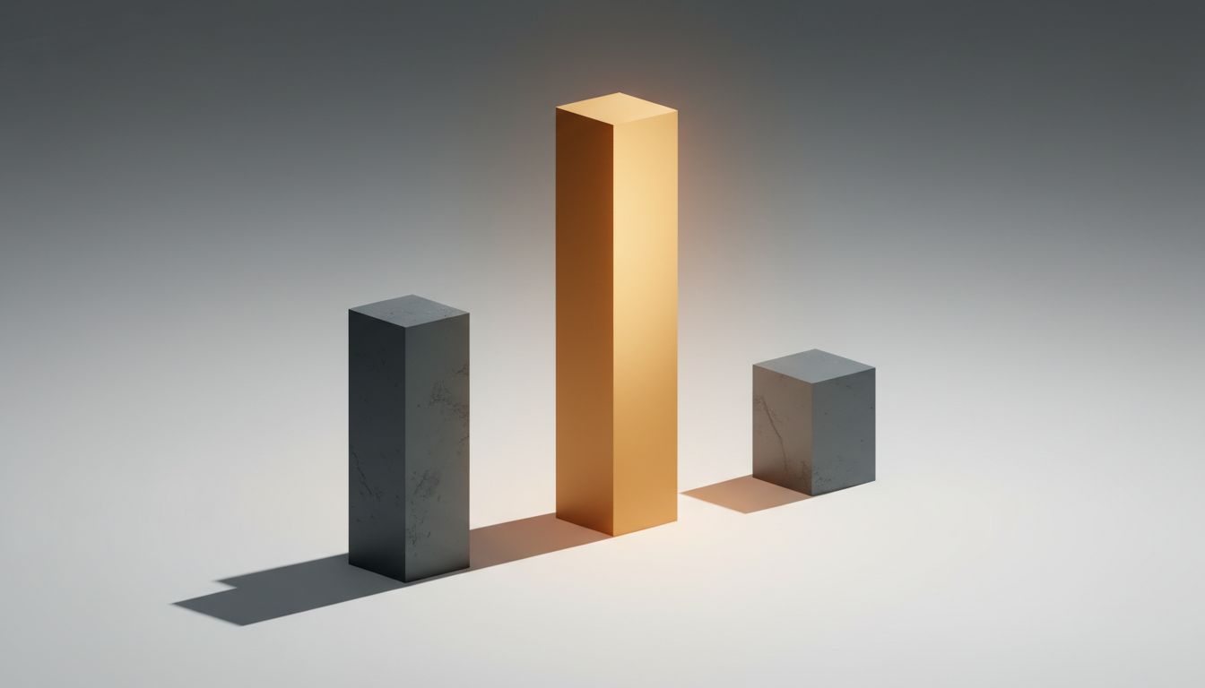 Abstract illustration of three pricing tiers as architectural columns, with the middle glowing warmly