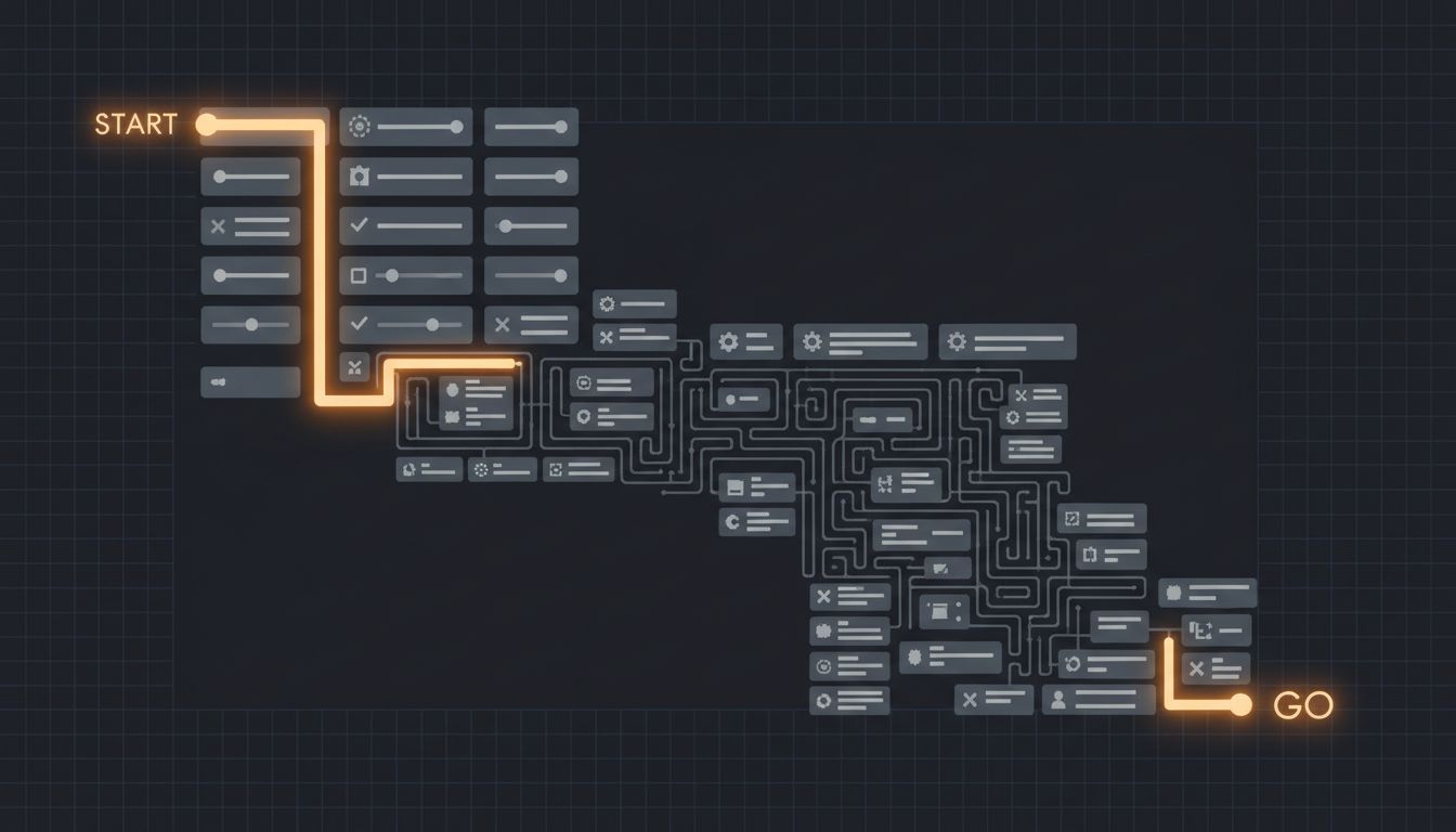 A maze diagram illustrating how opt-out paths in settings menus are designed to be harder to navigate than opt-in paths
