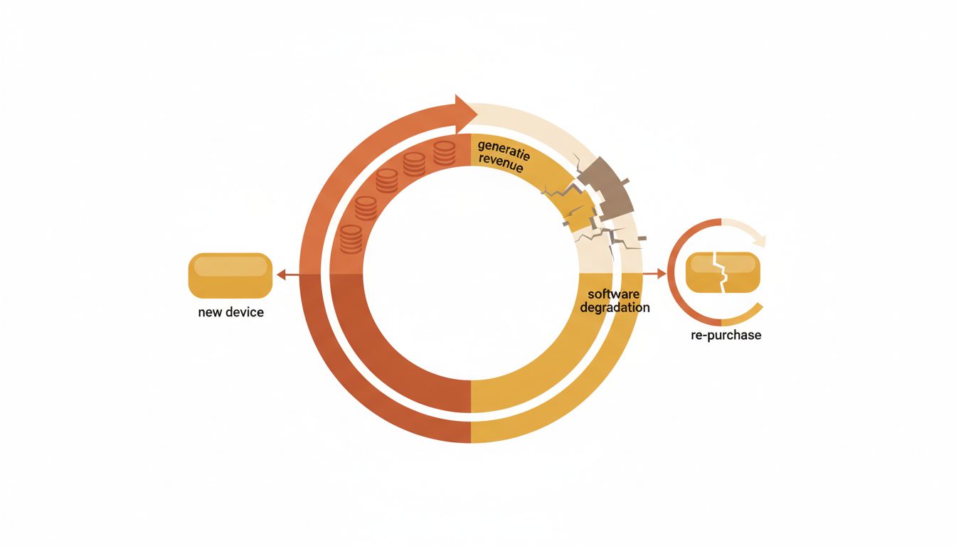 Abstract circular diagram representing the upgrade cycle from new device to obsolescence and back to purchase