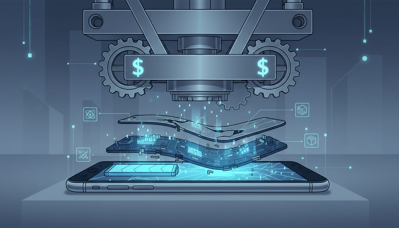 Stylized illustration of a smartphone being compressed by a mechanical press, representing deliberate hardware obsolescence