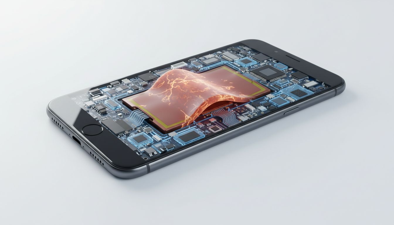 Cross-section illustration of a smartphone revealing a degraded battery cell