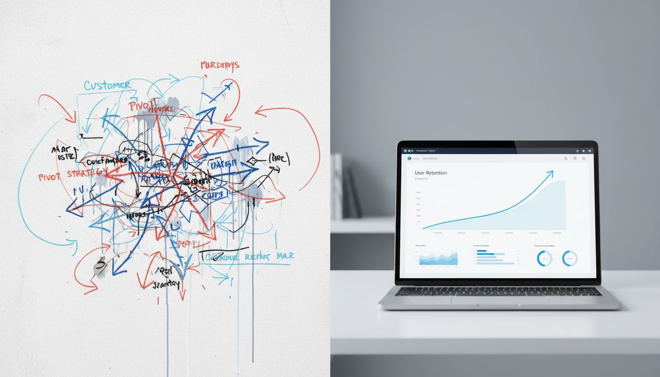 Contrast between pivot strategy chaos and the clean product metrics that follow a successful pivot