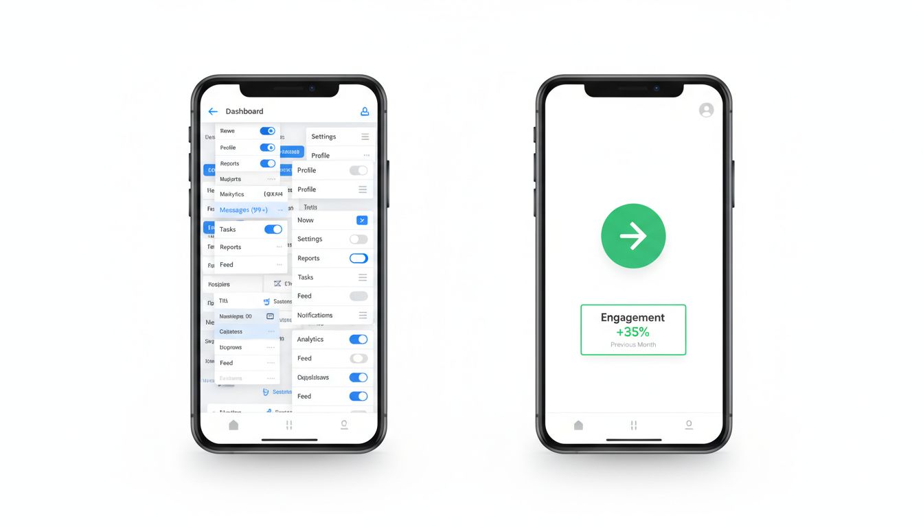Before and after comparison of a cluttered app versus its focused pivoted version