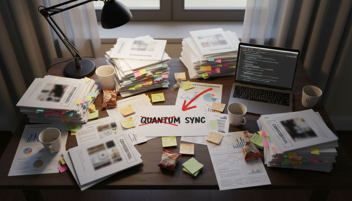 Founder's desk covered in strategic pivot notes and crossed-out product ideas