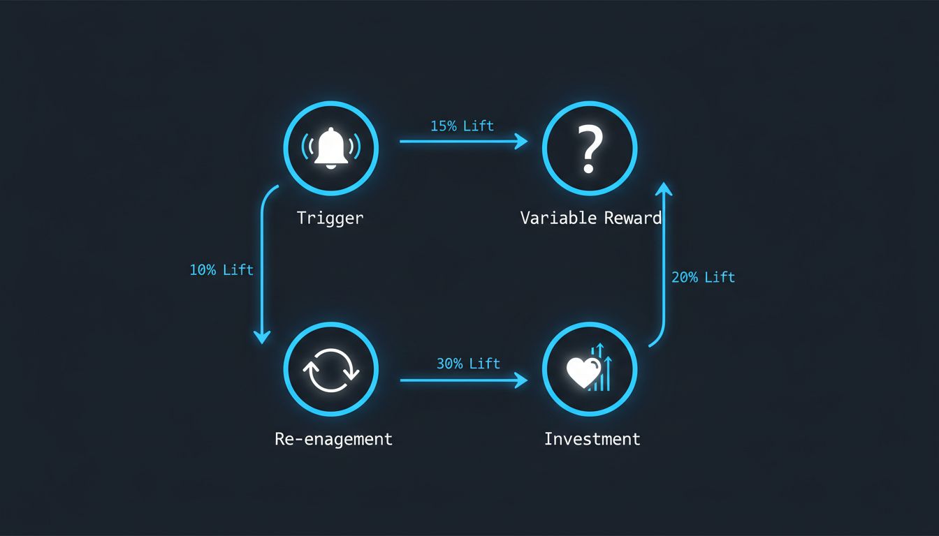 Diagram of the persuasive design loop used in social media apps showing Trigger, Variable Reward, Investment and Re-engagement nodes