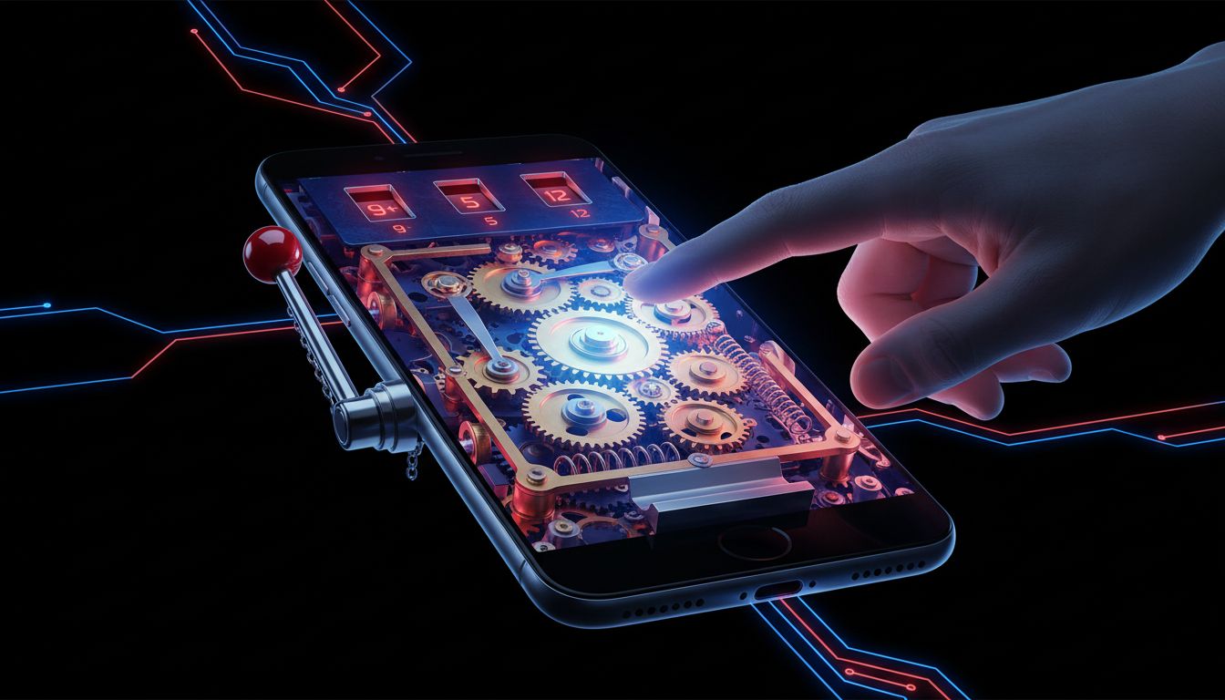 Smartphone interface illustrated as a slot machine, showing the mechanical parallels between addictive gambling design and social media UX patterns