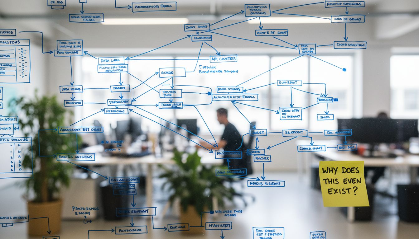 Whiteboard with complex system diagrams and a sticky note questioning why a system exists